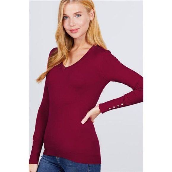 Wine Red Lightweight Viscose V Neck Sweater with Rivet Detail - Picture 3 of 5